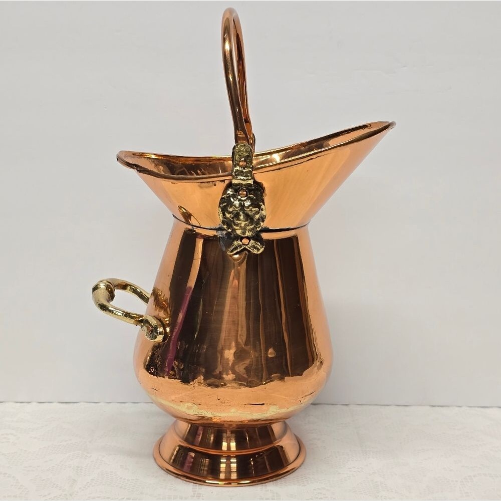 Vtg Copper Coal Scuttle Ash Bucket Pitcher Lion Head Delft Style Fireplace Decor